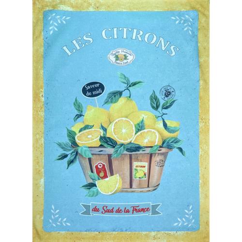 Green Provencal Cotton Tea Towel, 19 x 26 inches, Lemon design